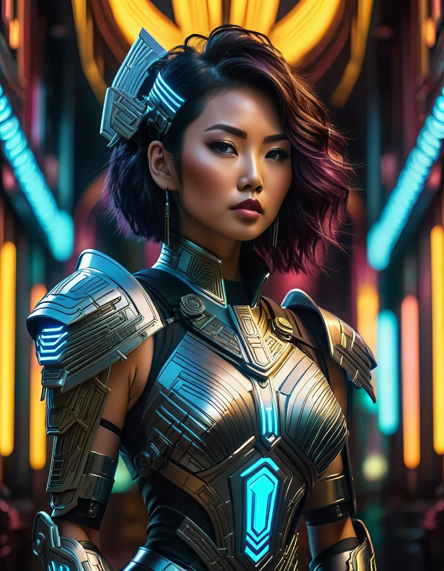 A beautiful, busty Asian woman in a futuristic, art deco-inspired armor, intricate and detailed cyberpunk armor, glowing neon highlights, dramatic lighting, cinematic composition, hyper-detailed, highly realistic, 8K, photorealistic, masterpiece