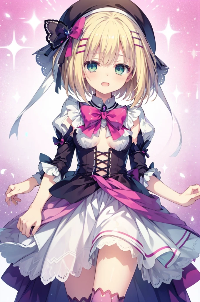 Small breasts,blonde,Hair above one eye,Green Eyes,Laughing with your mouth open,tights, ((Pink magical girl costume)),Removable sleeves,beret,ribbon,(masterpiece,Best image quality,Highest quality) Browsing Caution