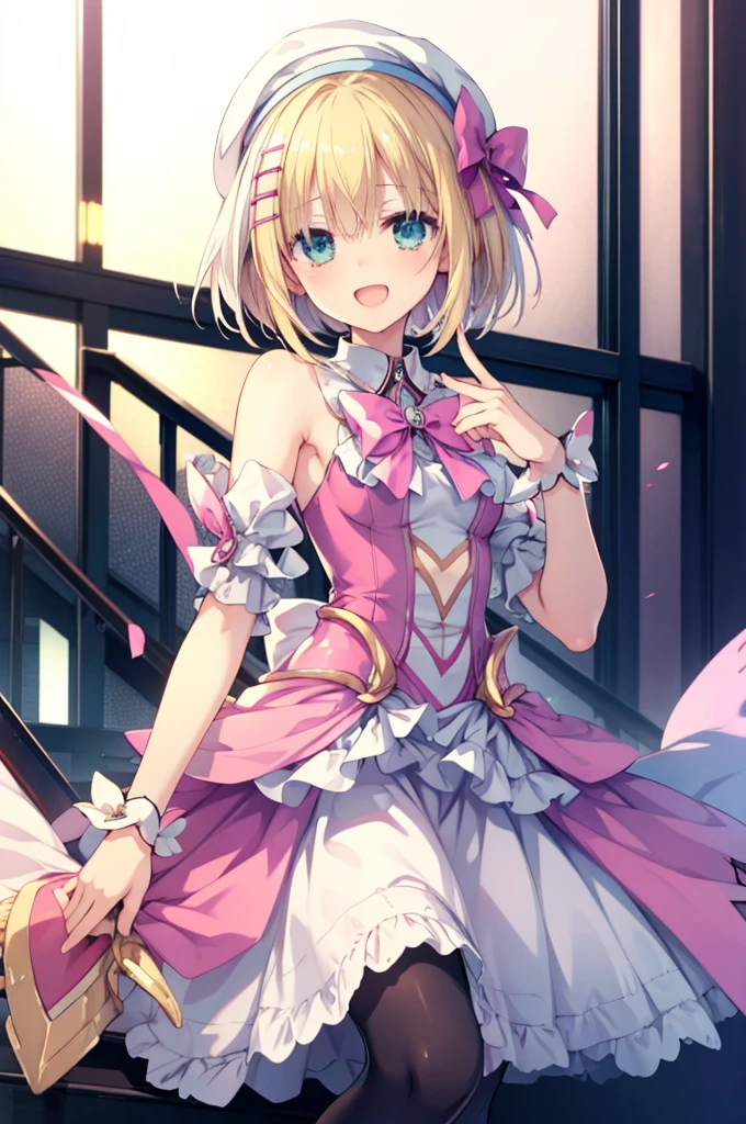 Small breasts,blonde,Hair above one eye,Green Eyes,Laughing with your mouth open,tights, ((Pink magical girl costume)),Removable sleeves,beret,ribbon,(masterpiece,Best image quality,Highest quality) Browsing Caution