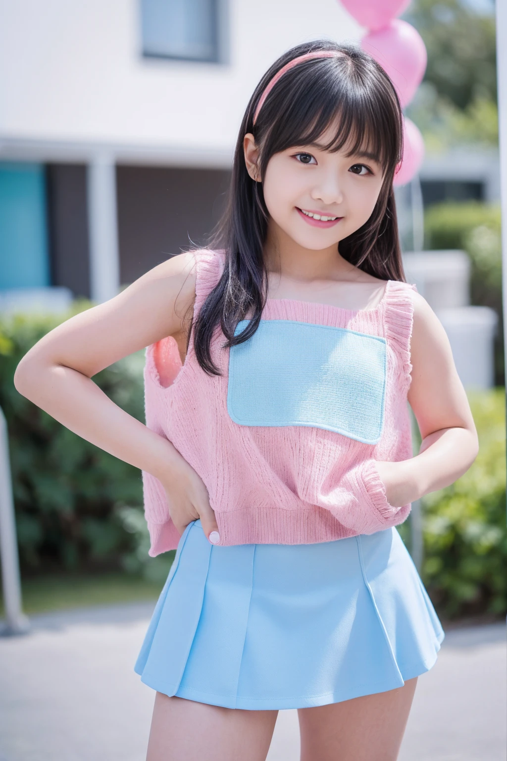 (8K),(best quality:1.5),(high resolution:1.5),  model,  idol, (Head to knee photo), (standing), (infantile build), ((1girl, 8 )), (black hair), ((pink camisole)), ((light blue mini skirt)), (smile)