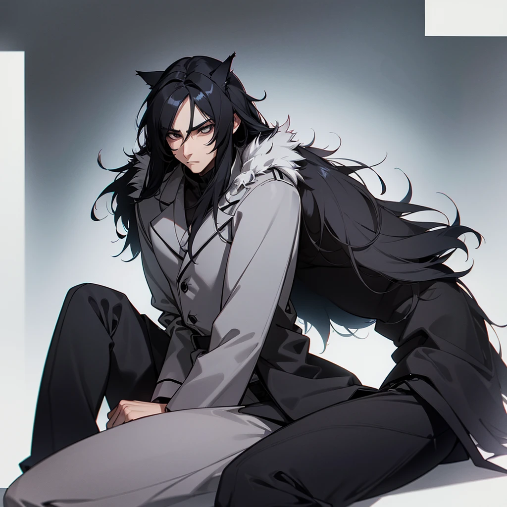 1 humanoid wolf man long coat dark eyes sitting black snout shiny hair gray fur male person