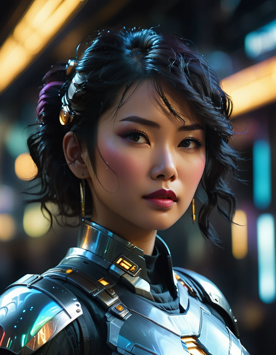 beautiful busty Asian woman, 1girl, futuristic, sci-fi, art deco armor, intricate detailed face, hyper realistic, photorealistic, 8k, (best quality,4k,8k,highres,masterpiece:1.2),ultra-detailed,(realistic,photorealistic,photo-realistic:1.37),HDR,UHD,studio lighting,ultra-fine painting,sharp focus,physically-based rendering,extreme detail description,professional,vivid colors,bokeh,cinematic lighting,dramatic lighting,chiaroscuro,dramatic contrast,moody,cyberpunk,highly detailed
