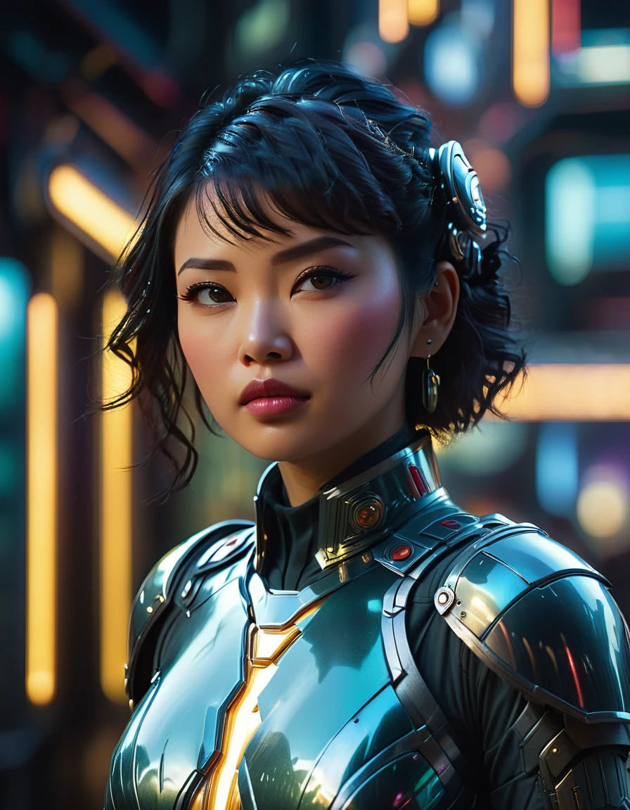 beautiful busty Asian woman, 1girl, futuristic, sci-fi, art deco armor, intricate detailed face, hyper realistic, photorealistic, 8k, (best quality,4k,8k,highres,masterpiece:1.2),ultra-detailed,(realistic,photorealistic,photo-realistic:1.37),HDR,UHD,studio lighting,ultra-fine painting,sharp focus,physically-based rendering,extreme detail description,professional,vivid colors,bokeh,cinematic lighting,dramatic lighting,chiaroscuro,dramatic contrast,moody,cyberpunk,highly detailed