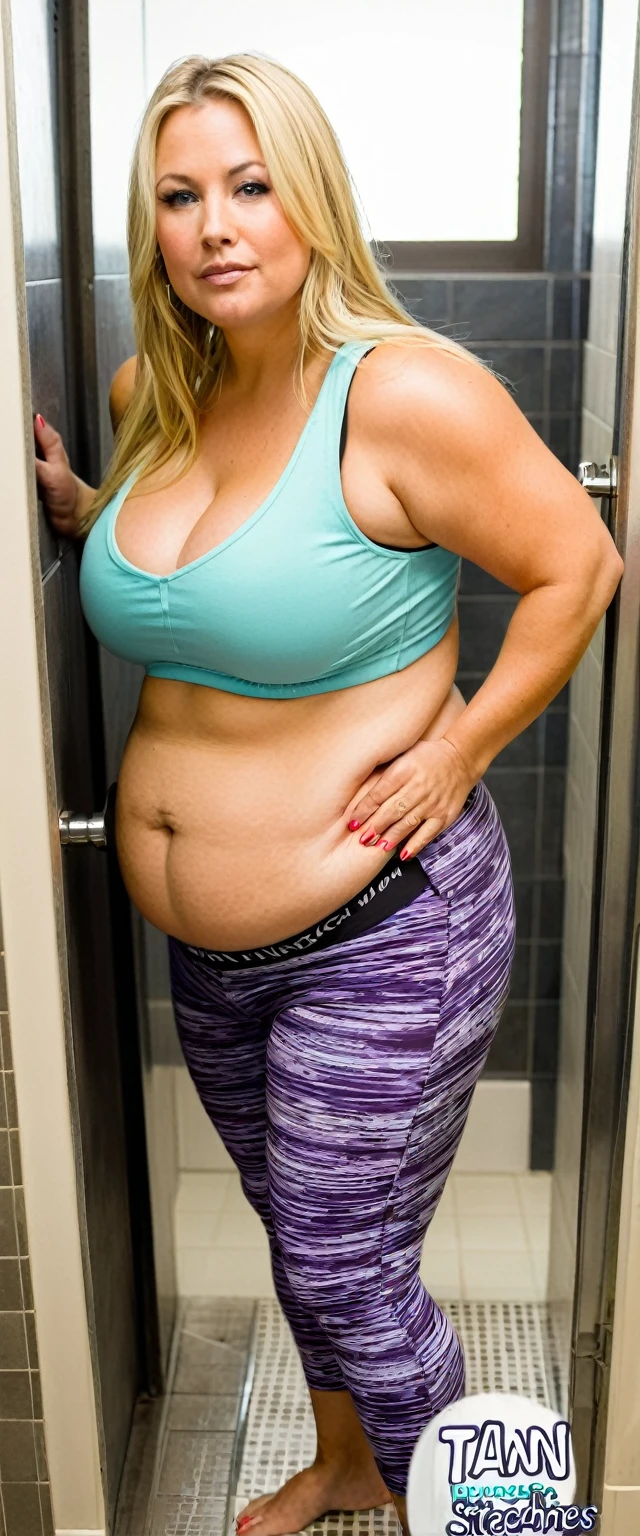 Chubby woman, 40 years old white Caucasian woman inside gym bathroom, after working out, long straight blonde hair, serious, chubby, big breasts, daily, casual, soft smile