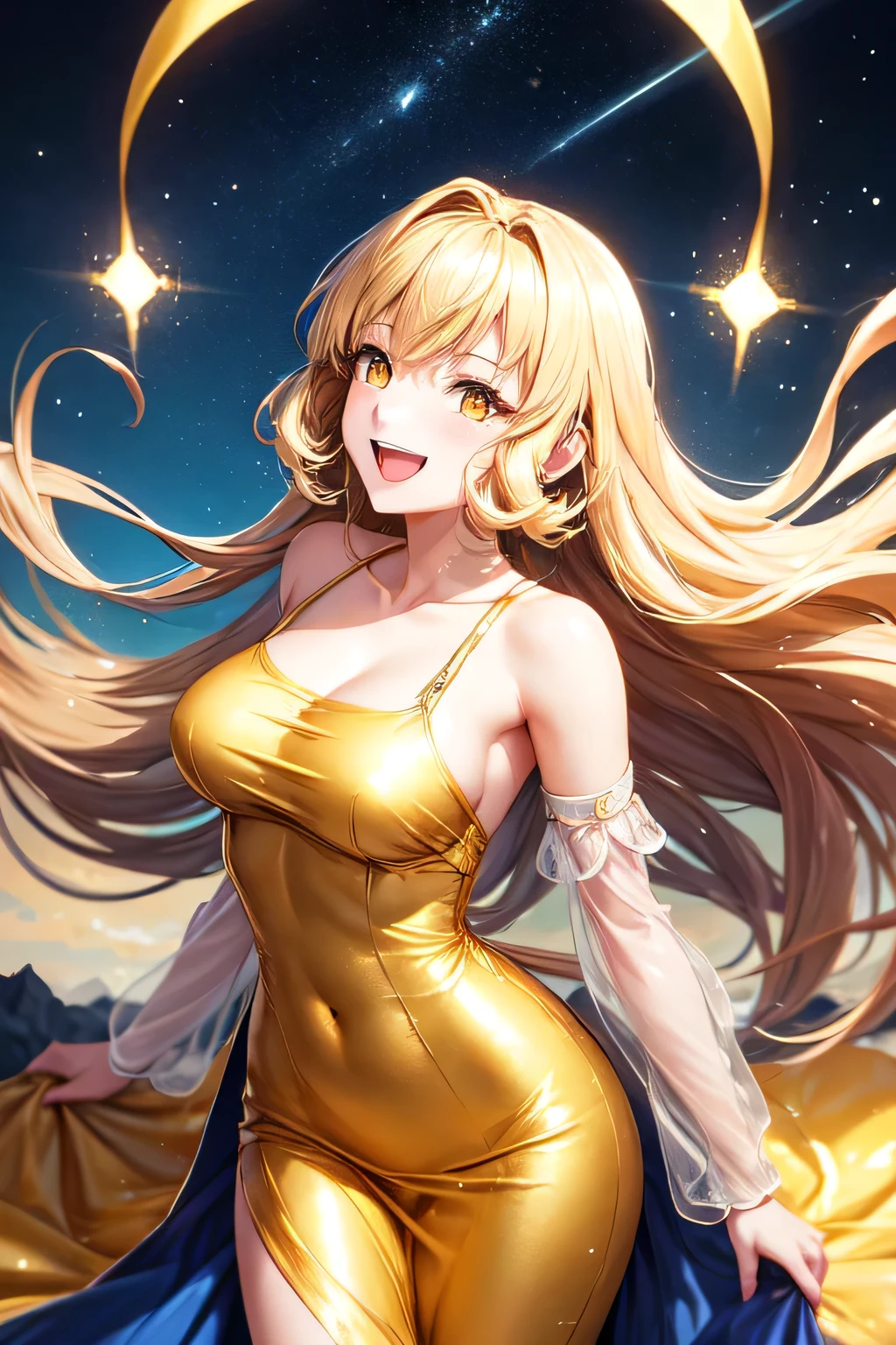 a beautiful blonde girl with flowing golden hair, yellow eyes, wearing a golden imperial dress with a deep neckline, anime style, against a bright sky background with twinkling lights, dynamic angle, arrogant laughter