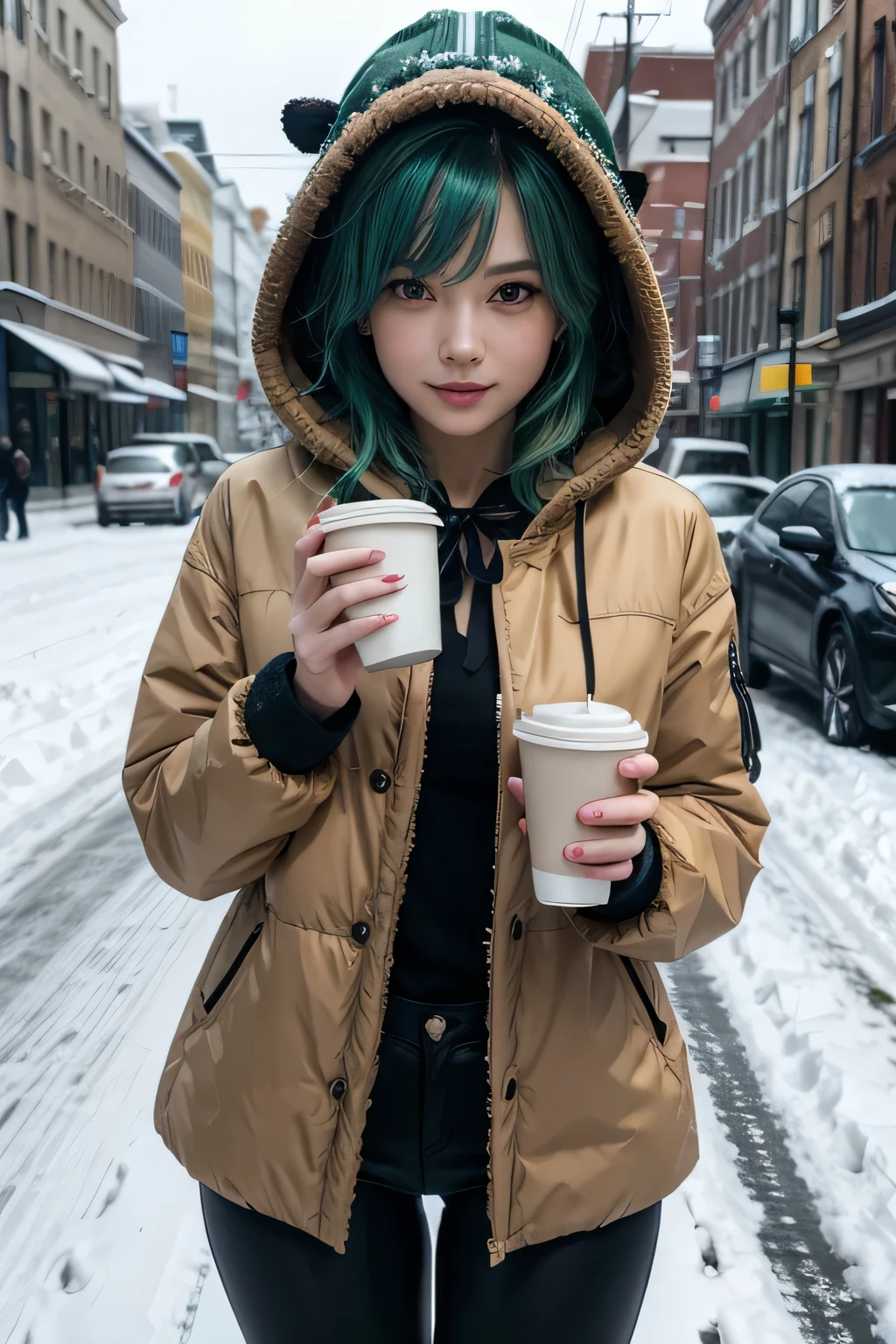 1 European girl, looking at viewer, cute short hair, messy hair, smile, closed mouth, beautiful legs, tall woman, slender legs, alone, huge chest, facing you, black pants, ass, holding coffee cup, jk ribbon around neck, all green hair, blue hair, bracelet, bangs, parted lips, winter clothes, winter jacket hood, alone, street, city, snow, blizzard