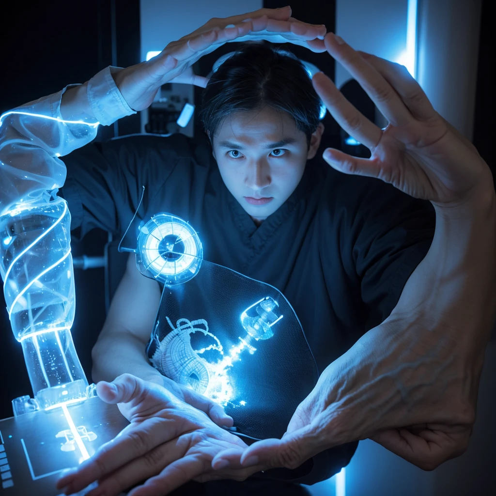 Radiologist emitting ionizing radiation through his hands towards a group of people