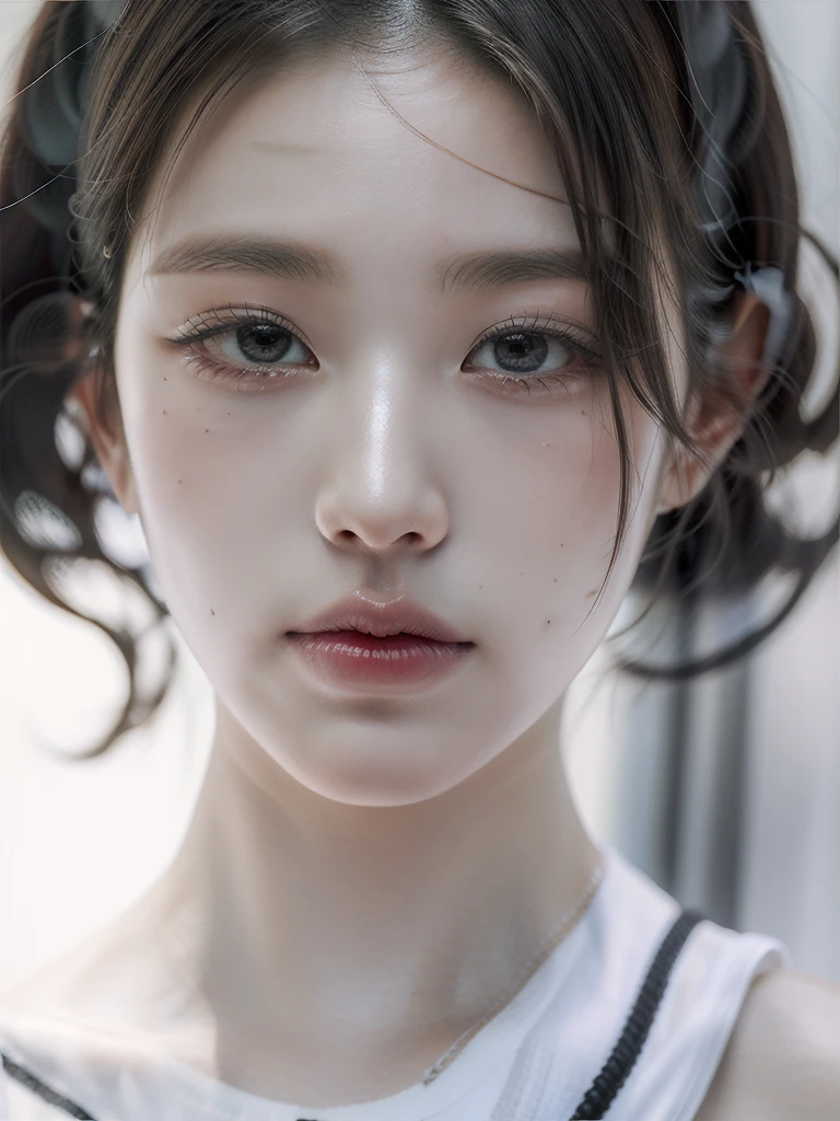 Best Quality, Masterpiece, ultra high resolution, (photorealistic:1.4), photo and gross, 1 girl, exterior, close up, looking at the viewer, black dress, sleeveless, wide, sullyoon and ethereal gray eyes and plump lips albino big lips white hair