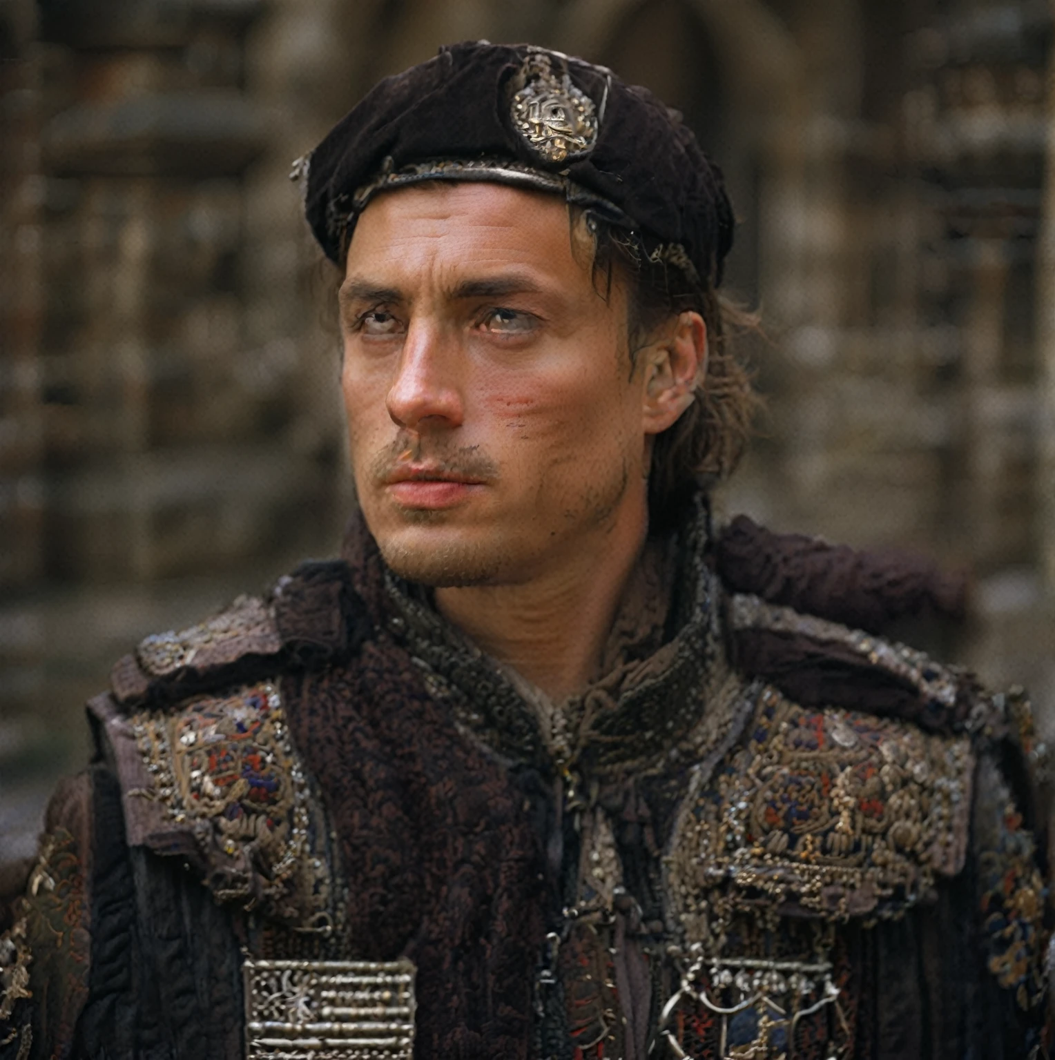 highly detailed analog photo of a noble (man), solo, 1boy, jewelry, short hair, closed mouth, male focus, blurry, portrait, military embroidered vest, horse, shoulder armor, (realistic:1.3) (blurry background:1.1), (medieval street:1.2) masterpiece, best quality, 8k, motion blur, intricate details, depth of field, (analogue photography:1.1), (natural light:1.4), as photographed by richard avedon,