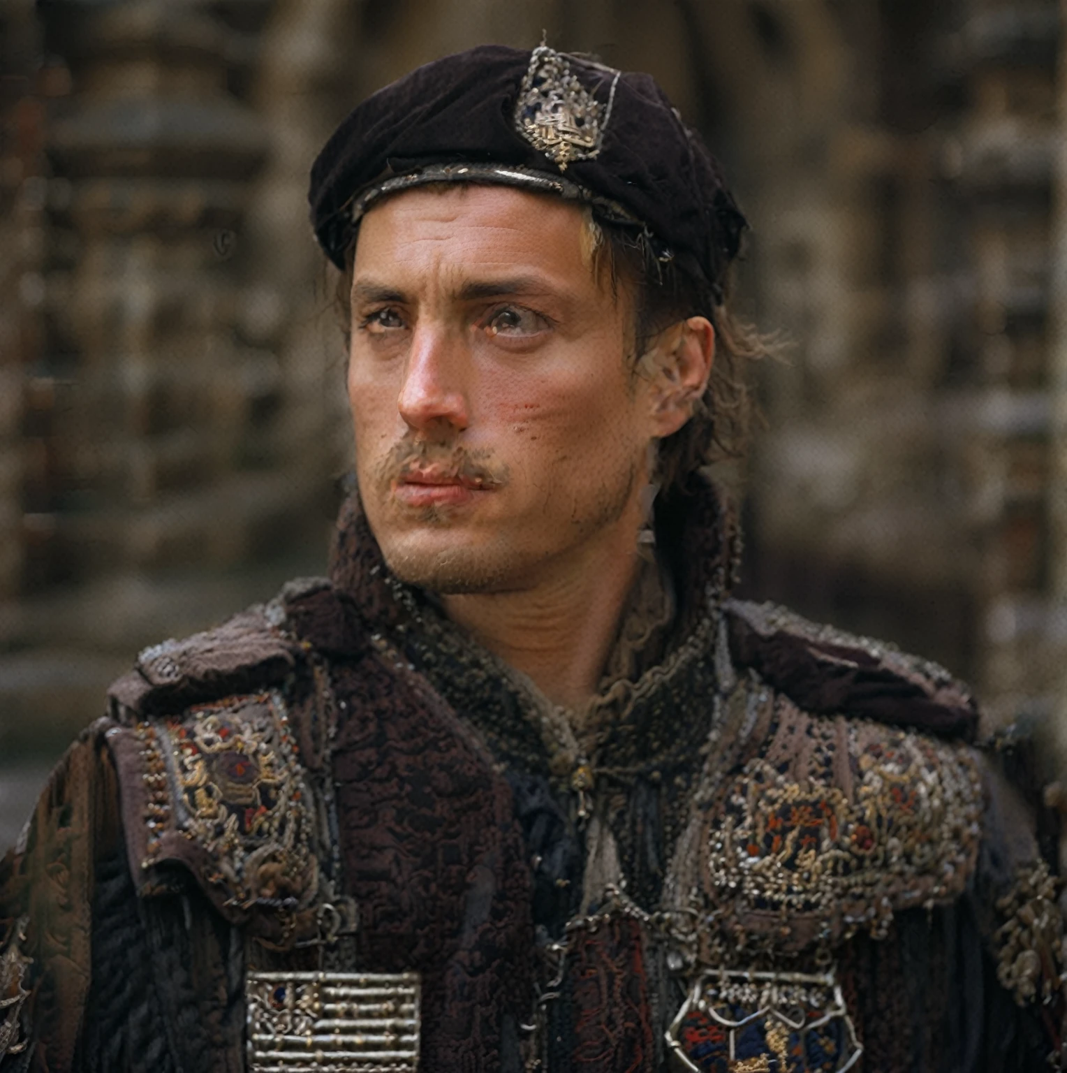 highly detailed analog photo of a noble (man), solo, 1boy, jewelry, short hair, closed mouth, male focus, blurry, portrait, military embroidered vest, horse, shoulder armor, (realistic:1.3) (blurry background:1.1), (medieval street:1.2) masterpiece, best quality, 8k, motion blur, intricate details, depth of field, (analogue photography:1.1), (natural light:1.4), as photographed by richard avedon,