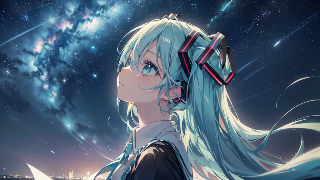 ((Starry Sky)), ((Beautiful eyes)), (((Hatsune Miku))), (((Highest quality、masterpiece、Ultra-fine、Ultra-fine、Exquisite、16K、Full HD,high school girl,))) 、(((profile、Looking up))),Long eyelashes、White skin、(thin and long)、 ((cute)) ((One person)) 、night