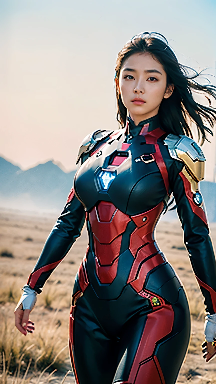 (1girll:1.3), solo,__Body parts__, offcial art, Unity 8k wallpaper, ultra - detailed, Beautiful and aesthetic, big breasts beautiful, tmasterpiece, Best quality at best, primitive,tmasterpiece,ultra fine photos,,best qualtiy,Ultra-high resolution,Photoreality,rays of sunshine,full-body portraits,Cowboy fighting pose,stunningly beautiful,delicated face,Vibrant eyes,(seen from the front),She wears a futuristic Iron Man mech,Very detailed steppe background,detailed face with,Detailed and complex steppe background,opulent,milkyW,Highly detailed skin,Realistic details of skin,Visible Pore,tack sharp focus,volume fog,8K UHD,digital SLR camera,high qulity,filmgrain,White skin of the,photo-realism ,Frontal photo