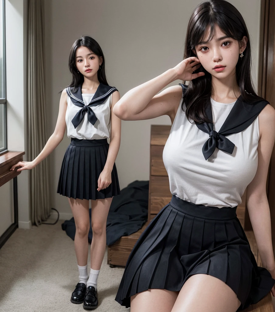 ((((absurdres, RAW photo, extremely delicate and beautiful, masterpiece, Best Quality, ultra high resolution, 32k, hyperrealistic, realistic, photorealistic, photo-realistic, ultra-detailed)))), in her 20s, very Slim body, narrow waist, very small head, very small face, delicate facial features, beautiful face, beautiful eyes, very huge round tits, medium hair, black hair, tearful mole, earring, ((full body shot)), ((school uniform)), sailor uniform, sleeveless, solo, alone, 1girl,