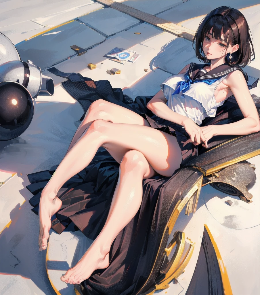 ((((absurdres, RAW photo, extremely delicate and beautiful, masterpiece, Best Quality, ultra high resolution, 32k, hyperrealistic, realistic, photorealistic, photo-realistic, ultra-detailed)))), in her 20s, very Slim body, narrow waist, very small head, very small face, delicate facial features, beautiful face, beautiful eyes, very huge round ????, medium hair, black hair, tearful mole, earring, ((full body shot)), ((school uniform)), sailor uniform, sleeveless, solo, alone, 1girl,