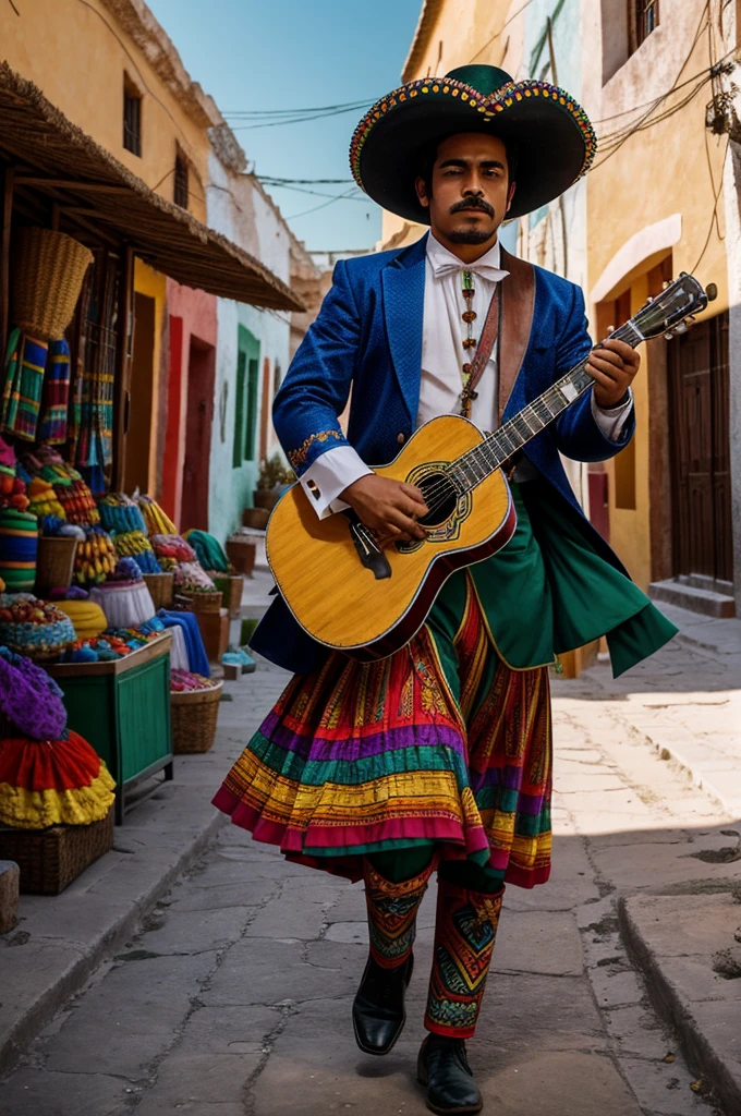 create an image where a man dressed as a mariachi wakes up in the world of the dead, colorful Mexico and a large Mexican offering