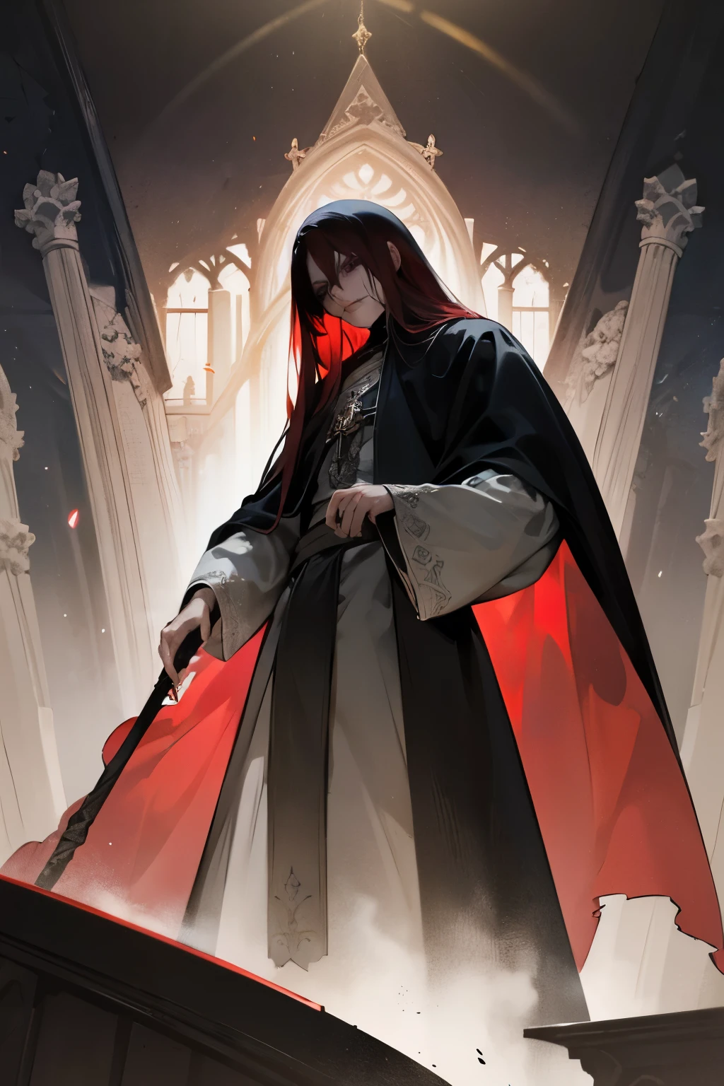 High quality, <lora:Style-add_detail:1>(Beautiful), ((masterpiece)),vibrant colors, YujiroHanma, (((priest, black priest robe covering body, cross necklace, hat, jewelry, church, Clerical shoes))),(((large facial hair, extremely long beard:1.4)))Jesus Christ, ((full body)), 1boy, male focus, solo, muscular male, red hair, manly, veins, pupils, brown eyes,looking at viewer, restaurant<lora:YujiroHanma5(1):1>