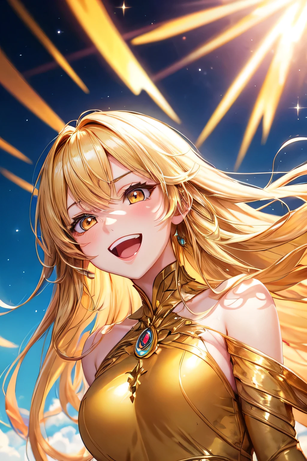 a beautiful blonde girl with flowing golden hair, yellow eyes, wearing a golden imperial dress with a deep neckline, anime style, against a bright sky background with twinkling lights, dynamic angle, arrogant laughter