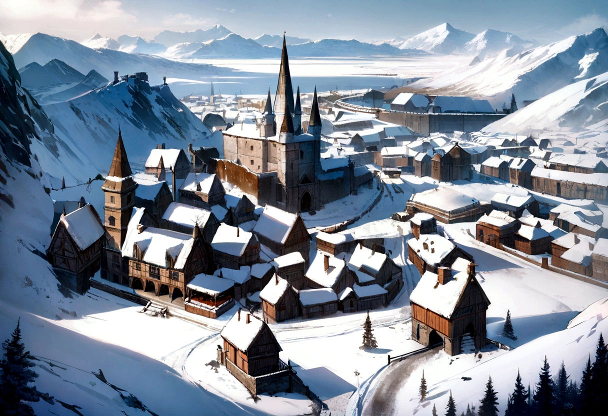 8k, masterpiece, best quality, realistic, higly detailed, landscape, arctic, medieval, town, iced town