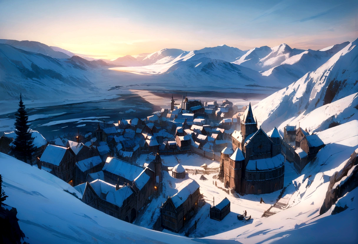 8k, masterpiece, best quality, realistic, higly detailed, landscape, arctic, medieval, town, iced town