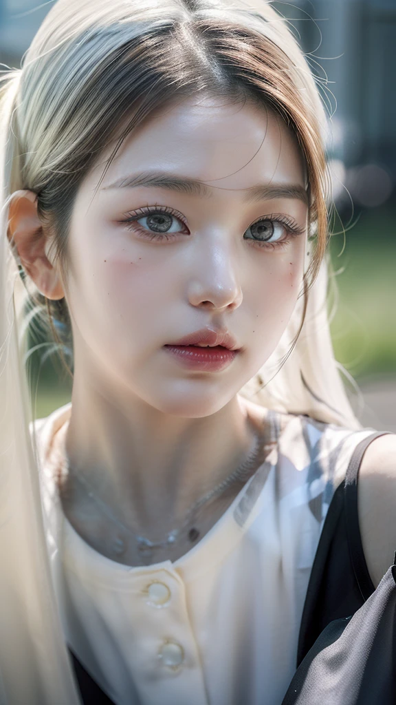 Best Quality, Masterpiece, ultra high resolution, (photorealistic:1.4), photo and gross, 1 girl, exterior, close up, looking at the viewer, black dress, sleeveless, wide, sullyoon and ethereal gray eyes and plump lips albino big lips white hair 