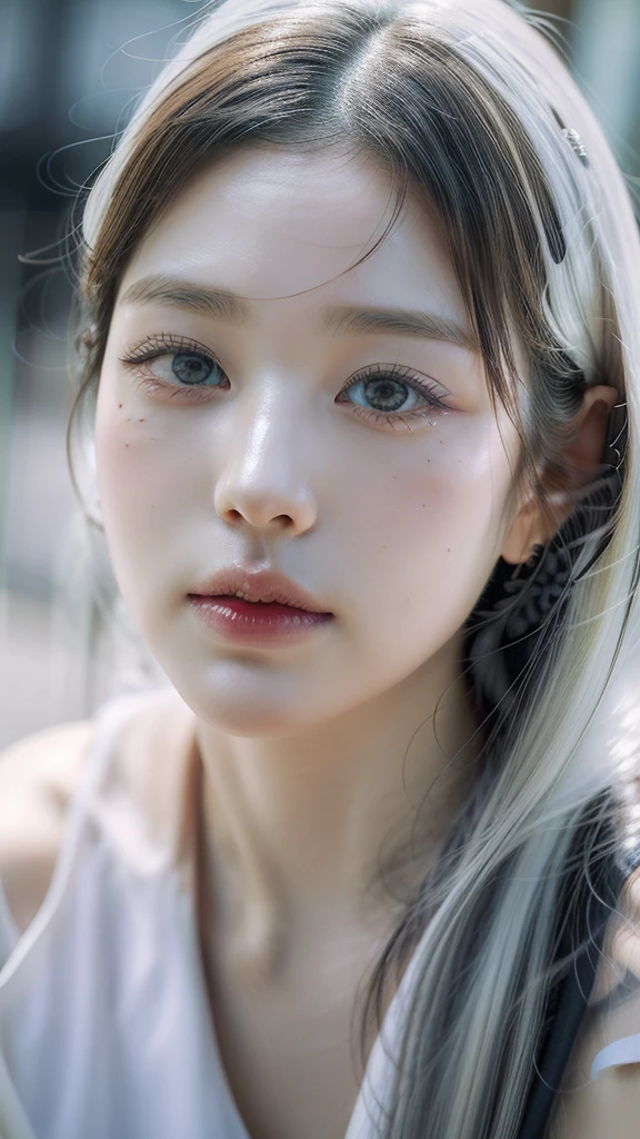 Best Quality, Masterpiece, ultra high resolution, (photorealistic:1.4), photo and gross, 1 girl, exterior, close up, looking at the viewer, black dress, sleeveless, wide, sullyoon and ethereal gray eyes and plump lips albino big lips white hair