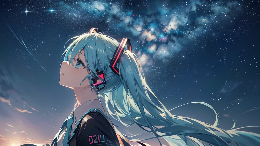 ((Starry Sky)), ((Beautiful eyes)), (((Hatsune Miku))), (((Highest quality、masterpiece、Ultra-fine、Ultra-fine、Exquisite、16K、Full HD,))) 、(((profile、Looking up))),Long eyelashes、White skin、(thin and long)、 ((cute)) ((One person)) 、night