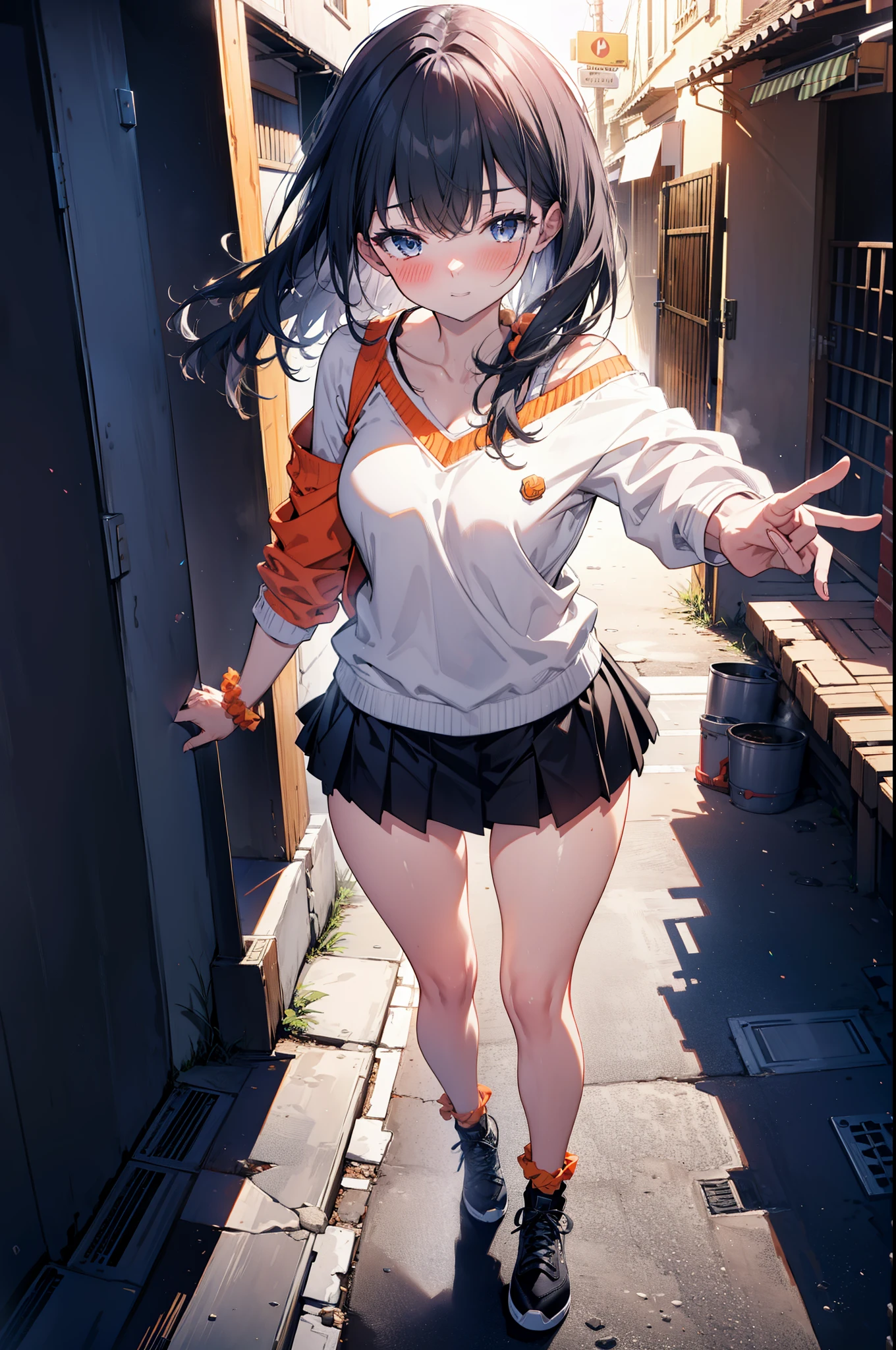 Rikka body, Affluent backstreets, Black Hair, blue eyes, Long Hair, orange Scrunchie, Scrunchie, wrist Scrunchie,happy smile, smile, Open your mouth,blush,Oversized red one-shoulder sweater,mini skirt,short boots,Walking,So that the whole body goes into the illustration,morning,morning陽,The sun is rising,
Destroy outdoors, Building district,
壊す looking at viewer, Systemic
break (masterpiece:1.2), Highest quality, High resolution, unity 8k wallpaper, (figure:0.8), (Beautiful attention to detail:1.6), Highly detailed face, Perfect lighting, Highly detailed CG, (Perfect hands, Perfect Anatomy),