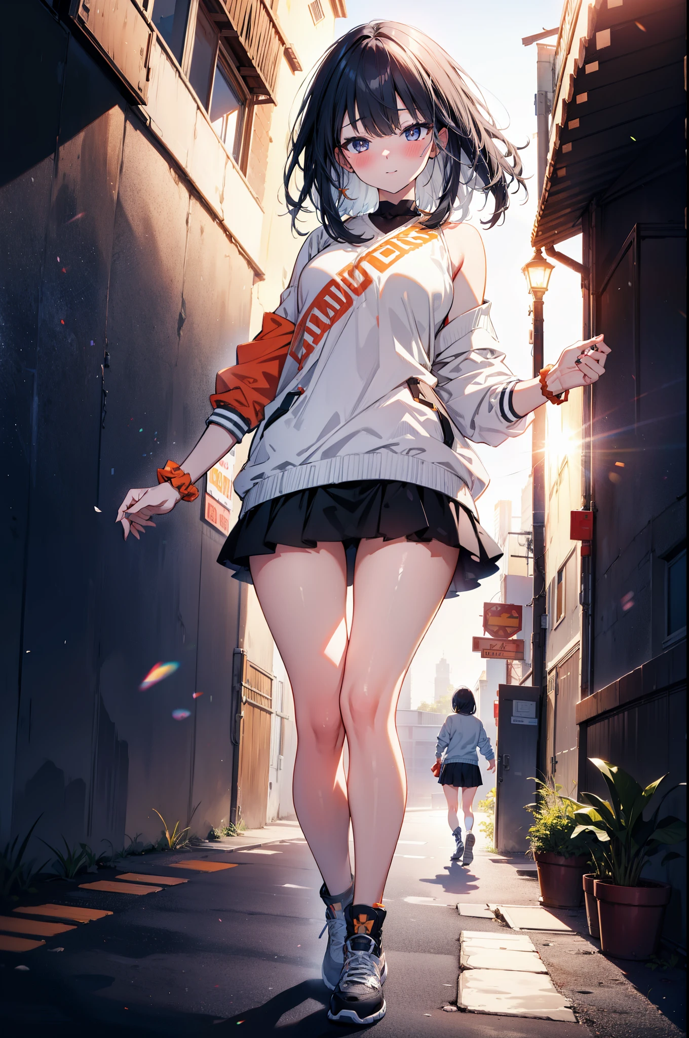 Rikka body, Affluent backstreets, Black Hair, blue eyes, Long Hair, orange Scrunchie, Scrunchie, wrist Scrunchie,happy smile, smile, Open your mouth,blush,Oversized red one-shoulder sweater,mini skirt,short boots,Walking,So that the whole body goes into the illustration,morning,morning陽,The sun is rising,
Destroy outdoors, Building district,
壊す looking at viewer, Systemic
break (masterpiece:1.2), Highest quality, High resolution, unity 8k wallpaper, (figure:0.8), (Beautiful attention to detail:1.6), Highly detailed face, Perfect lighting, Highly detailed CG, (Perfect hands, Perfect Anatomy),