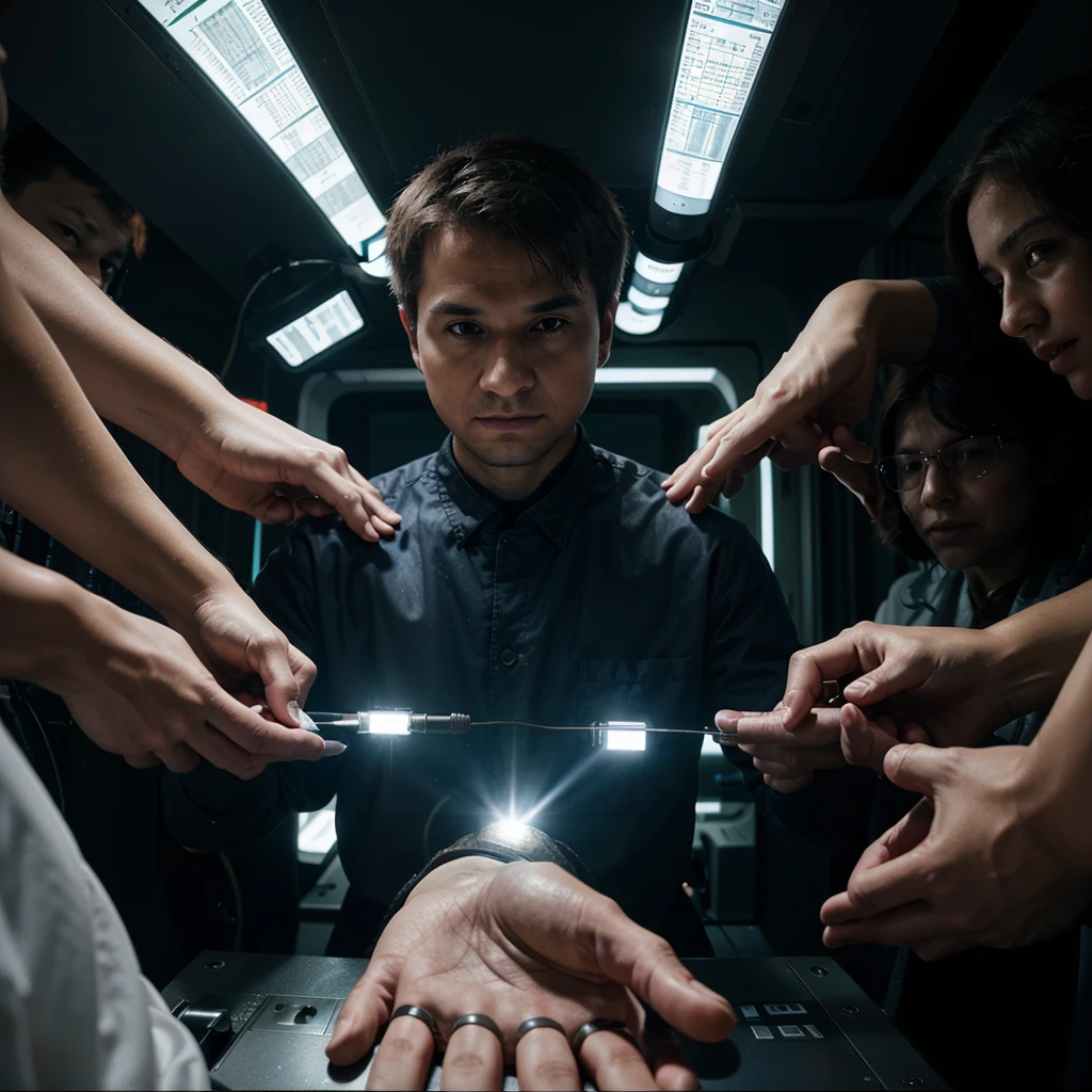 Radiologist emitting ionizing radiation through his hands towards a group of people 