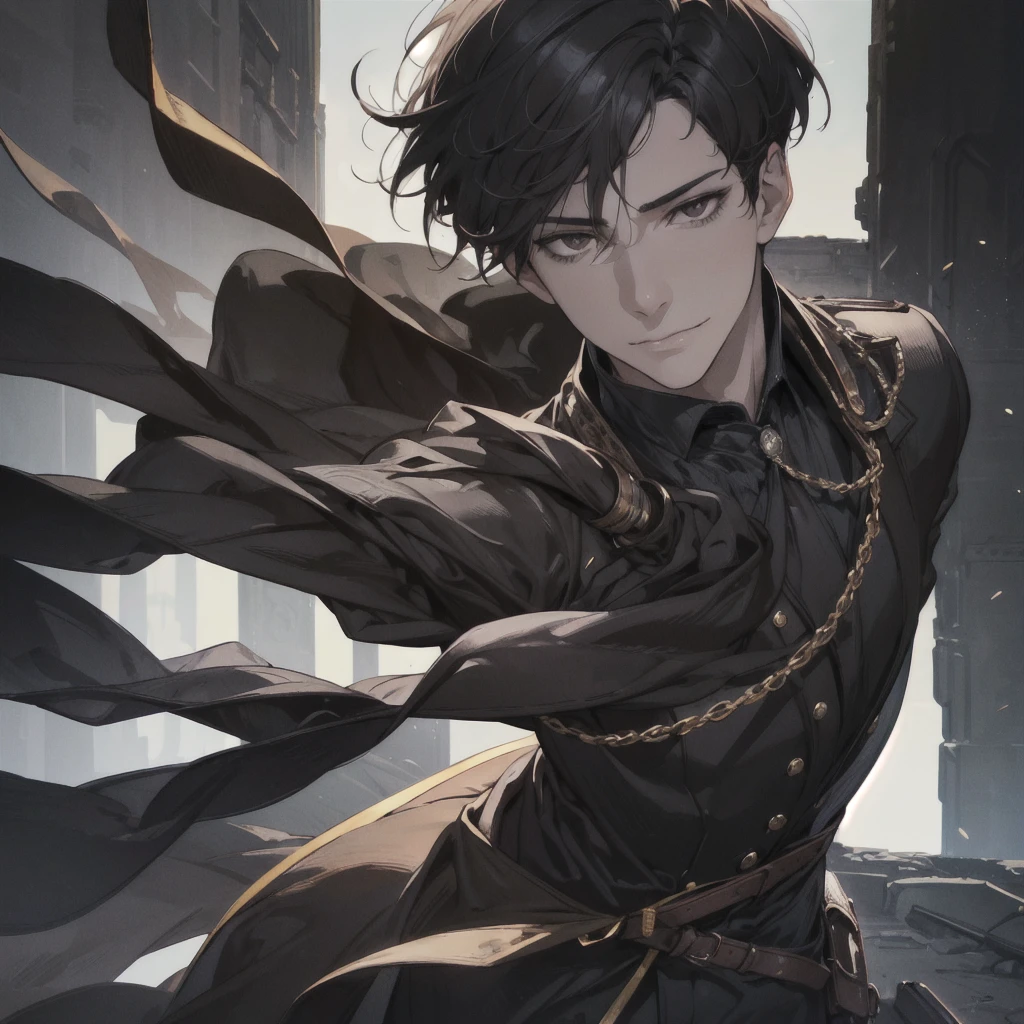 a handsome man with short black hair, brown eyes, smiling, extremely detailed portrait, detailed facial features, detailed eyes and skin, cinematic lighting, dramatic shadows, high contrast, warm color tones, oil painting, hyper realistic, photorealistic, sharp focus, 8k, best quality, masterpiece