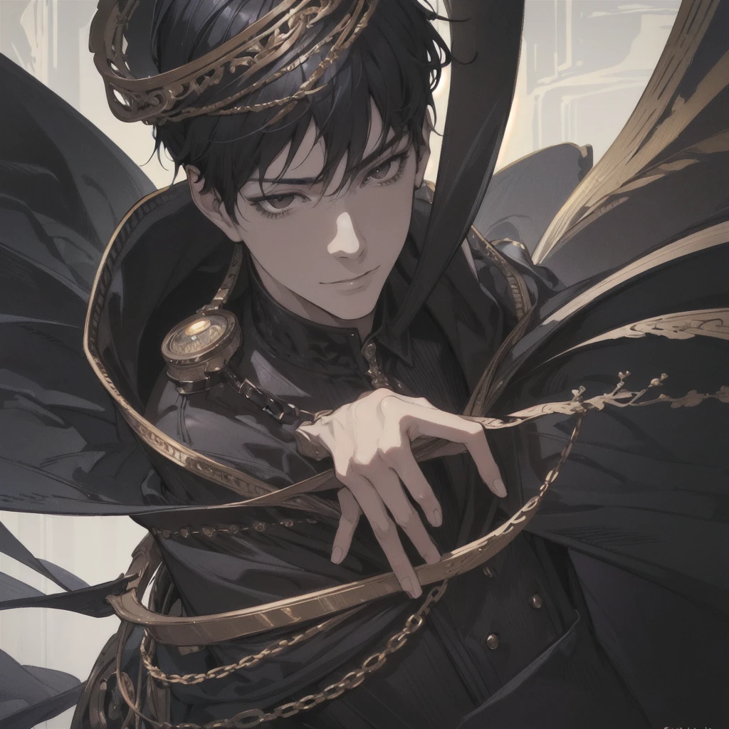 a handsome man with short black hair, brown eyes, smiling, extremely detailed portrait, detailed facial features, detailed eyes and skin, cinematic lighting, dramatic shadows, high contrast, warm color tones, oil painting, hyper realistic, photorealistic, sharp focus, 8k, best quality, masterpiece