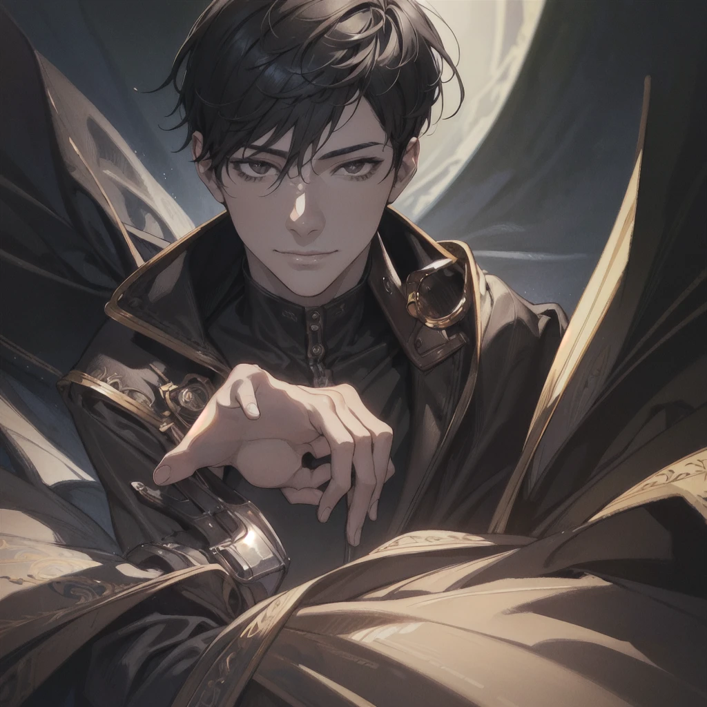 a handsome man with short black hair, brown eyes, smiling, extremely detailed portrait, detailed facial features, detailed eyes and skin, cinematic lighting, dramatic shadows, high contrast, warm color tones, oil painting, hyper realistic, photorealistic, sharp focus, 8k, best quality, masterpiece