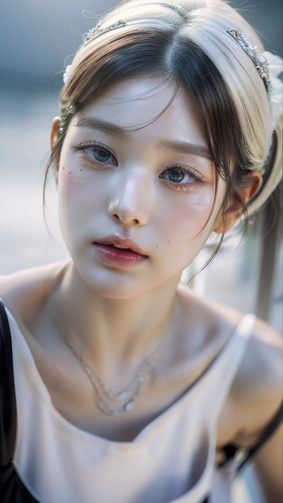 Best Quality, Masterpiece, ultra high resolution, (photorealistic:1.4), photo and gross, 1 girl, exterior, close up, looking at the viewer, black dress, sleeveless, wide, sullyoon and ethereal gray eyes and plump lips albino big lips white hair