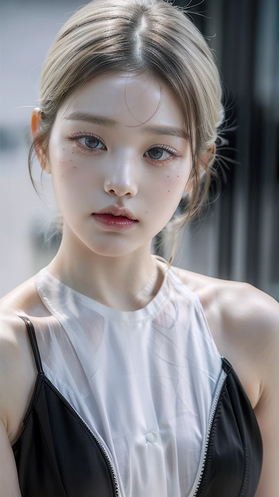 Best Quality, Masterpiece, ultra high resolution, (photorealistic:1.4), photo and gross, 1 girl, exterior, close up, looking at the viewer, black dress, sleeveless, wide, sullyoon and ethereal gray eyes and plump lips albino big lips white hair