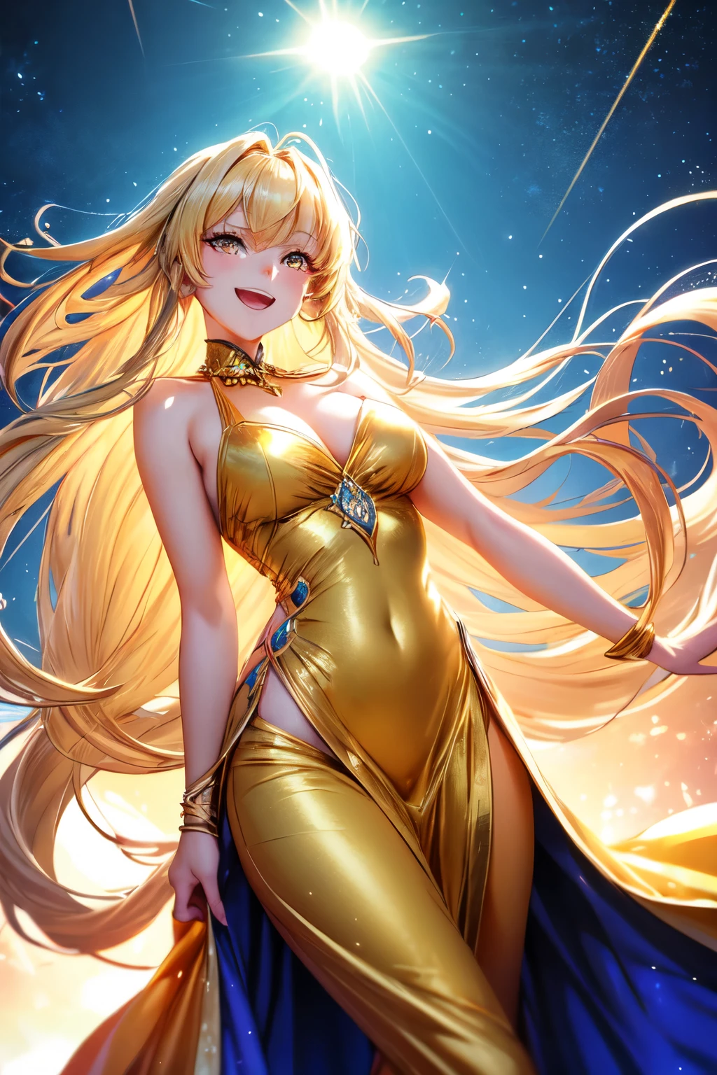 Blonde woman in a golden bikini sitting on the edge of a river, lindos olhos, leve sorriso, vegetation on the bank, River of calm waters, montanhas no horizonte, sun sunset, detalhes intrincados, highes definition, Film production, maximum resolution, 16k