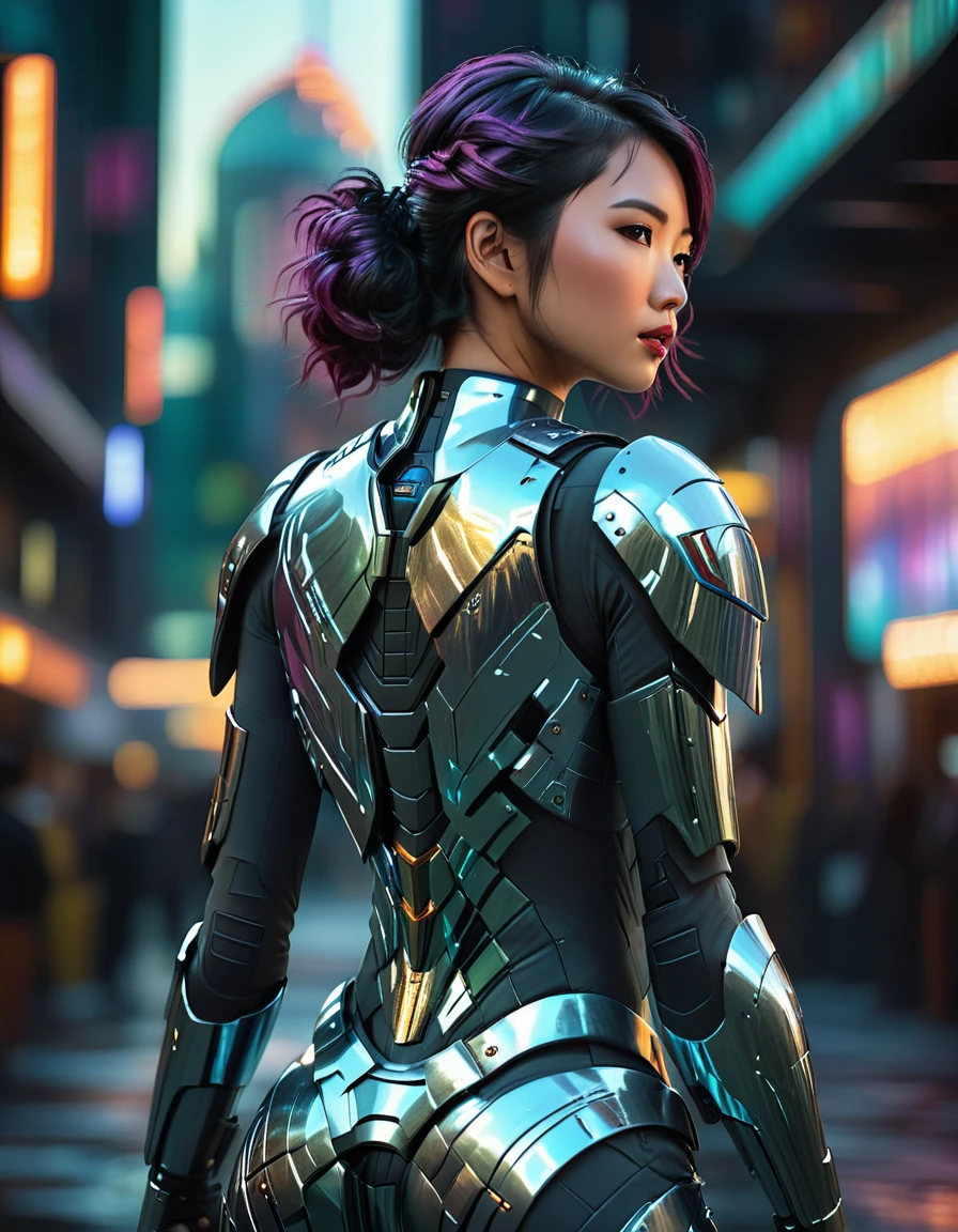 beautiful busty Asian woman, full body view from behind, 1girl, futuristic, sci-fi, art deco armor, intricate detailed face, hyper realistic, photorealistic, 8k, (best quality,4k,8k,highres,masterpiece:1.2),ultra-detailed,(realistic,photorealistic,photo-realistic:1.37),HDR,UHD,studio lighting,ultra-fine painting,sharp focus,physically-based rendering,extreme detail description,professional,vivid colors,bokeh,cinematic lighting,dramatic lighting,chiaroscuro,dramatic contrast,moody,cyberpunk,highly detailed