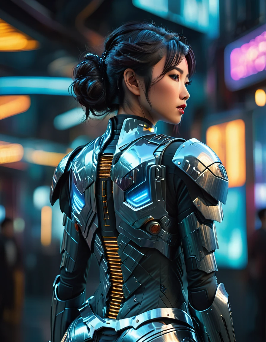 beautiful busty Asian woman, full body view from behind, 1girl, futuristic, sci-fi, art deco armor, intricate detailed face, hyper realistic, photorealistic, 8k, (best quality,4k,8k,highres,masterpiece:1.2),ultra-detailed,(realistic,photorealistic,photo-realistic:1.37),HDR,UHD,studio lighting,ultra-fine painting,sharp focus,physically-based rendering,extreme detail description,professional,vivid colors,bokeh,cinematic lighting,dramatic lighting,chiaroscuro,dramatic contrast,moody,cyberpunk,highly detailed