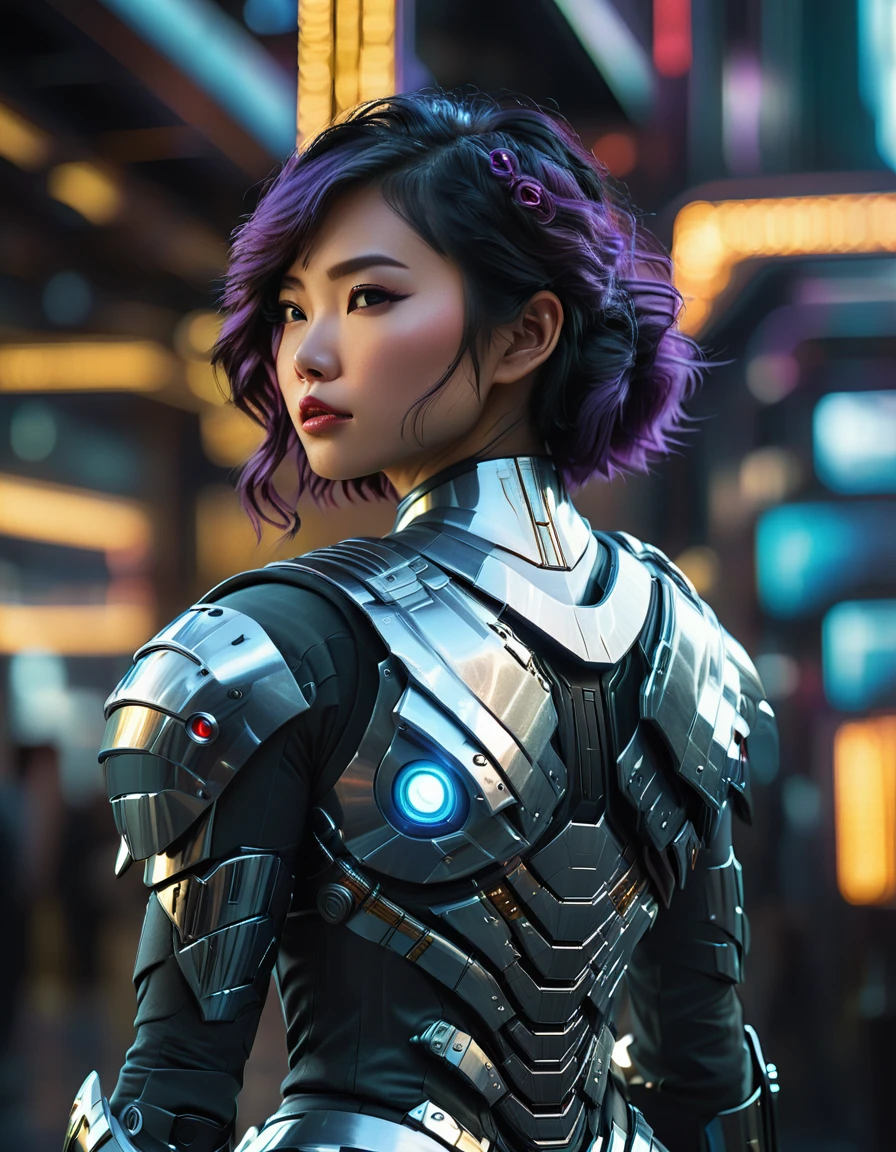 beautiful busty Asian woman, full body view from behind, 1girl, futuristic, sci-fi, art deco armor, intricate detailed face, hyper realistic, photorealistic, 8k, (best quality,4k,8k,highres,masterpiece:1.2),ultra-detailed,(realistic,photorealistic,photo-realistic:1.37),HDR,UHD,studio lighting,ultra-fine painting,sharp focus,physically-based rendering,extreme detail description,professional,vivid colors,bokeh,cinematic lighting,dramatic lighting,chiaroscuro,dramatic contrast,moody,cyberpunk,highly detailed