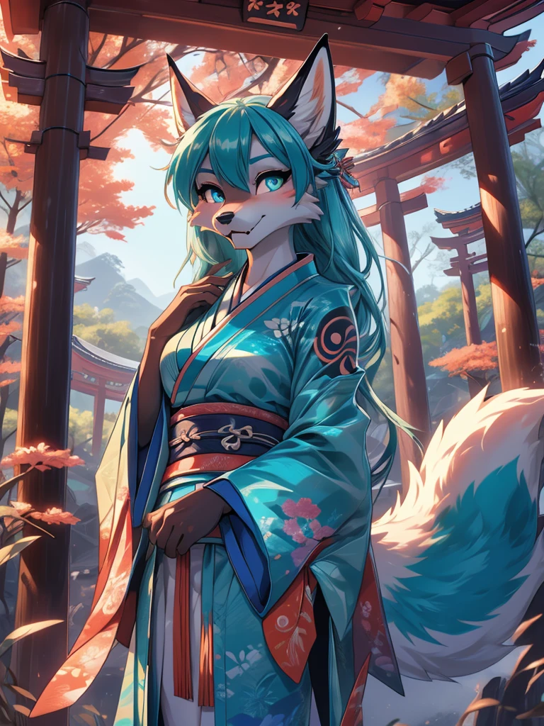 The best quality, Japanese Teen Hatsune Miku x Kitsune , fox face elongated snout add-detail, Surprise face, sweaty body, add heated_detail,, kitsune warrior in the forest add_detail:1, add barefoot_detail:1 mystical aura, lying in autumn leaves full body top view, traditional japanese kimono navel add_detail 