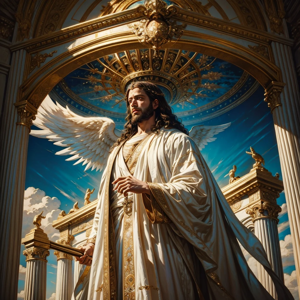 a detailed realistic painting of Jesus Christ returning to Earth in divine glory, hyperrealistic, highly detailed face and robes, intricate religious imagery, angelic light beams, dramatic clouds, glowing halo, awe-inspiring divine presence, photorealistic, cinematic lighting, 8k, masterpiece