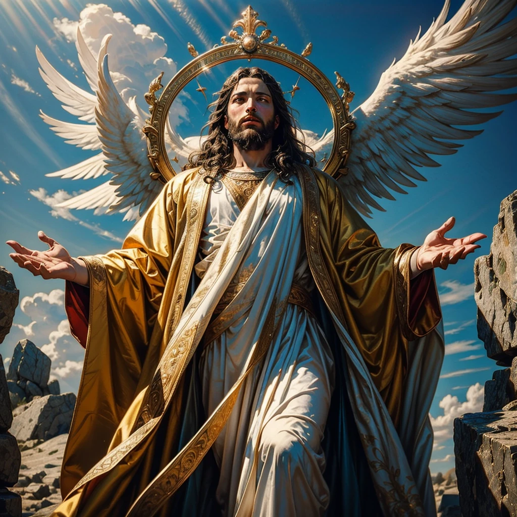 a detailed realistic painting of Jesus Christ returning to Earth in divine glory, hyperrealistic, highly detailed face and robes, intricate religious imagery, angelic light beams, dramatic clouds, glowing halo, awe-inspiring divine presence, photorealistic, cinematic lighting, 8k, masterpiece