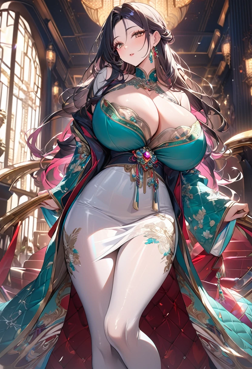 masterpiece, Highest quality,
(( Woman), Huge breastg Hair, bust, pencil_dress, Hanfu, Tight waist, pantyhose, thff the shoulder,
Complex, Brilliant, Vibrant, silk, Brocade, embroidery, elegant, Flowing, Gorgeous, Hall々And, Gorgeous, wonderful, Luxurious, Exquisite, Complex pattern, Sparkling, Shine, Jewel Tone, Bright colors彩, Shiny fabric, Luxurious質感, Complex details, Exquisitely crafted,
From the waist, View your viewers,
delicate, beautiful, colorful, Bright colors, Lighting,
indoor,