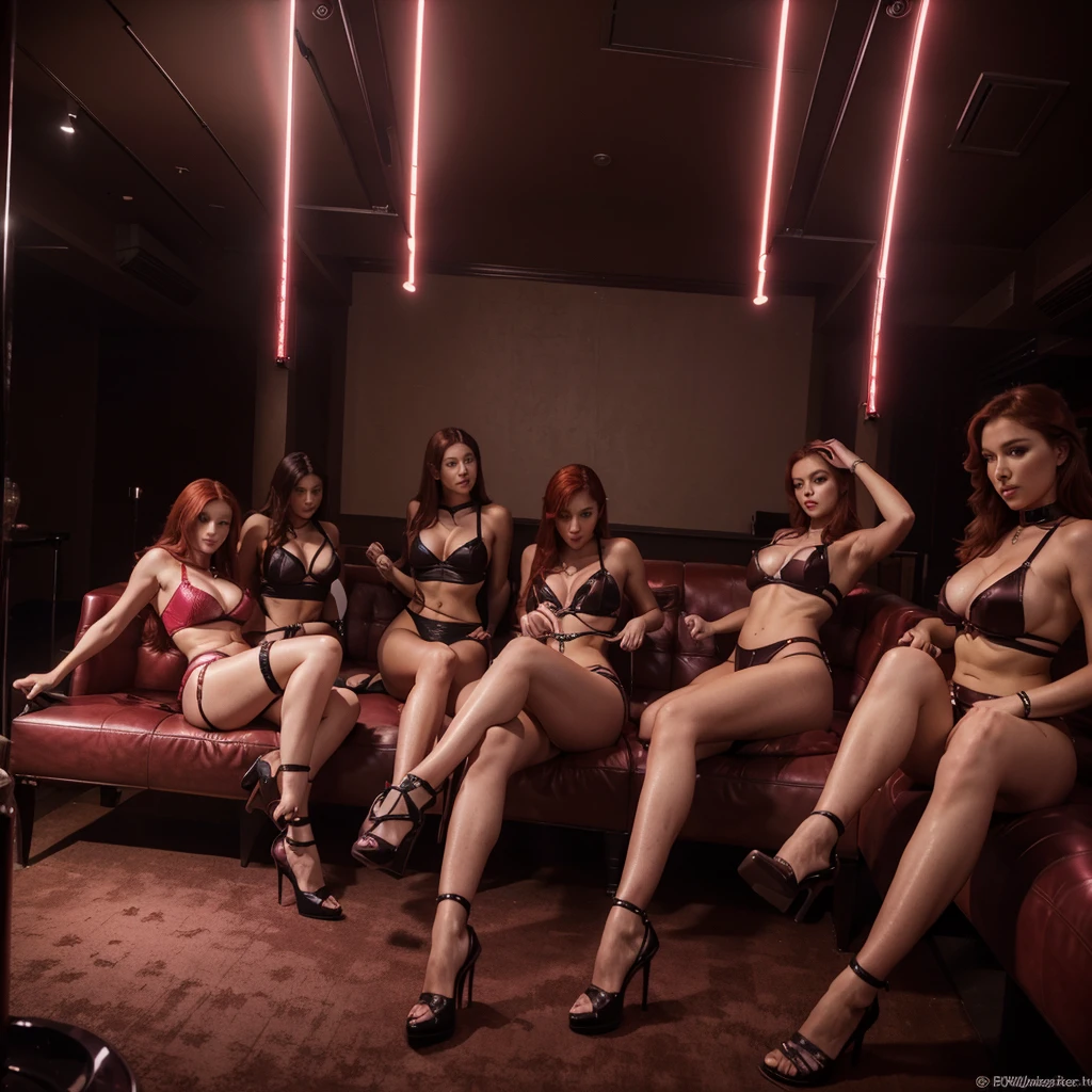 Best qualité, masterpiece, high resolution, 3 sexy sultry, 3 sexy girls, red hair girls, BDSM style, pink sexy underwear with halters, in a private vip night club, pole dance, lap dance, around armchair,