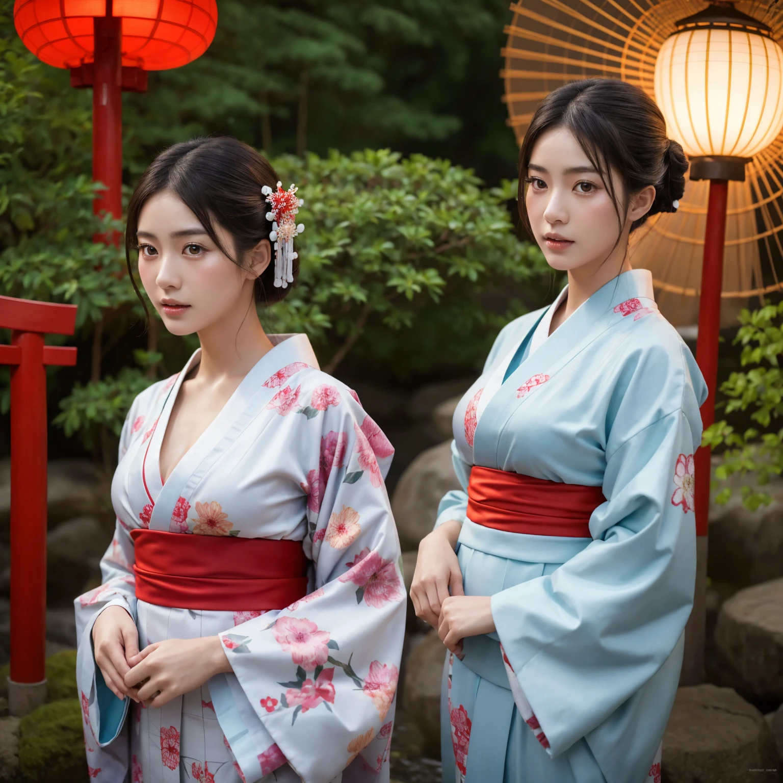 1 beautiful japanese shrine maiden in a japanese garden,extremely detailed face and eyes,extremely detailed skin,large breasts,looking at viewer,traditional japanese clothing,kimono,dark lighting,mystical,cinematic,photographic,hyper realistic,4k,high quality