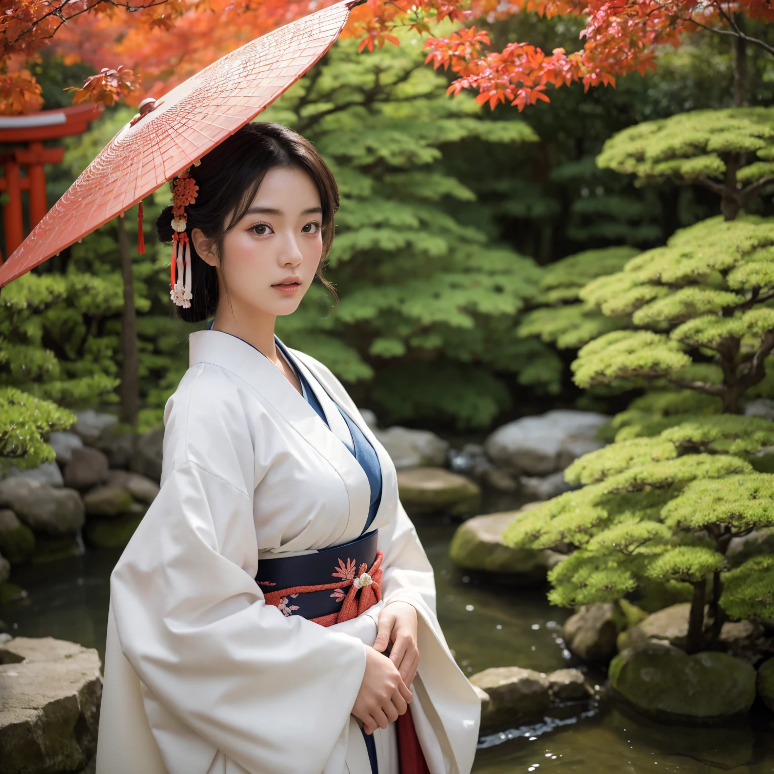 1 beautiful japanese shrine maiden in a japanese garden,extremely detailed face and eyes,extremely detailed skin,large breasts,looking at viewer,traditional japanese clothing,kimono,dark lighting,mystical,cinematic,photographic,hyper realistic,4k,high quality