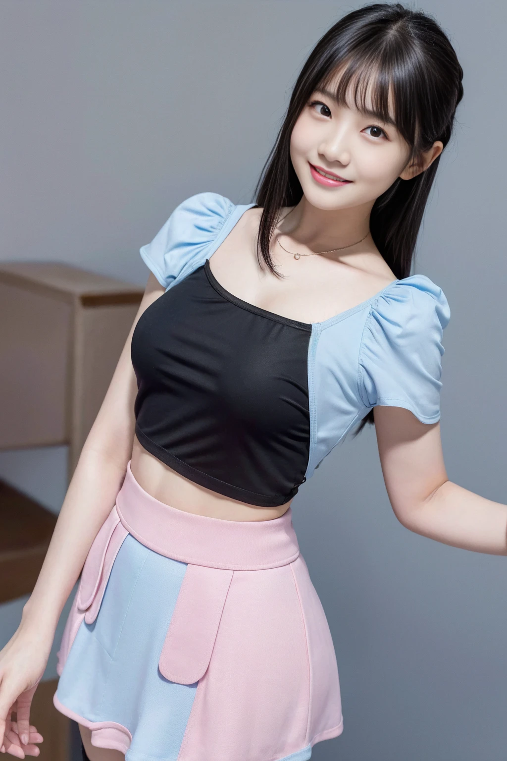 (8K),(best quality:1.5),(high resolution:1.5), model, idol, (Head to knee photo), (standing), (infantile build), ((1girl, 8 )), (black hair), ((pink camisole)), ((light blue mini skirt)), (smile)