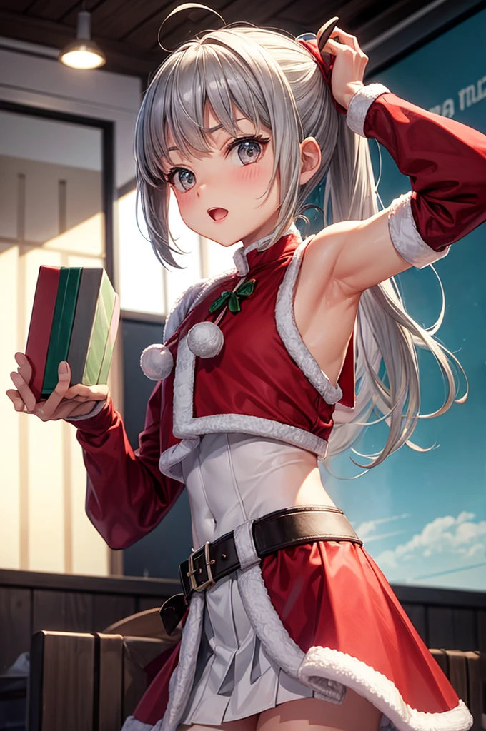 10 years old、Flat Chest、Gray Hair、Short Ponytail、Raise your arms、Santa Cosplay、Shoulder、