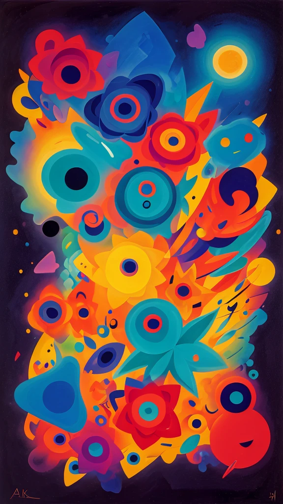 create an abstract composition artistic style Tarsila do Amaral+fusion of alcohol and ink+tribal abstract tattoo+science fiction+van Gogh minimalistic+Kandinsky