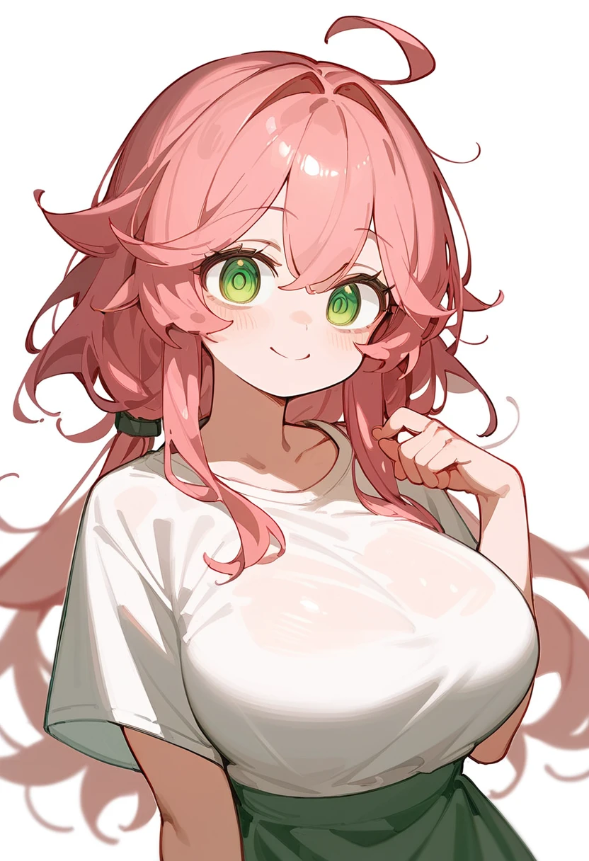 One Girl、Young Girl、Big Breasts、Pink Hair、Long Hair、Straight Hair、Ahoge、kind、Green Eyes、smile、Droopy eyes