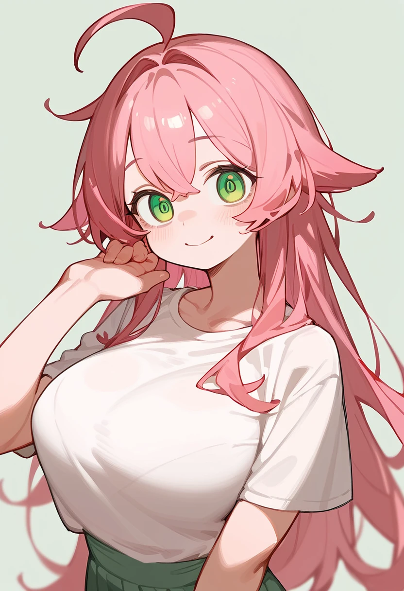 One Girl、Young Girl、Big Breasts、Pink Hair、Long Hair、Straight Hair、Ahoge、kind、Green Eyes、smile、Droopy eyes